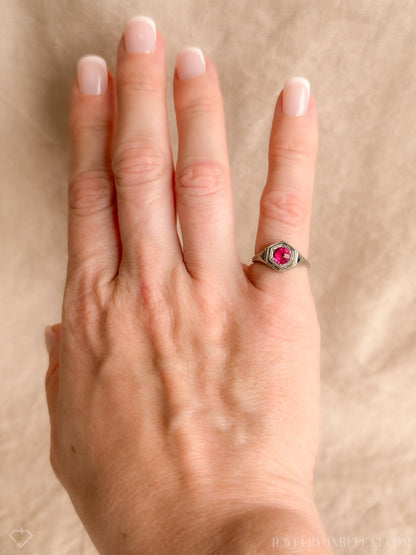 Vintage 1930s Art Deco Ruby Engagement Ring, 18k White Gold Filigree Design • One-of-a-kind Jewelry