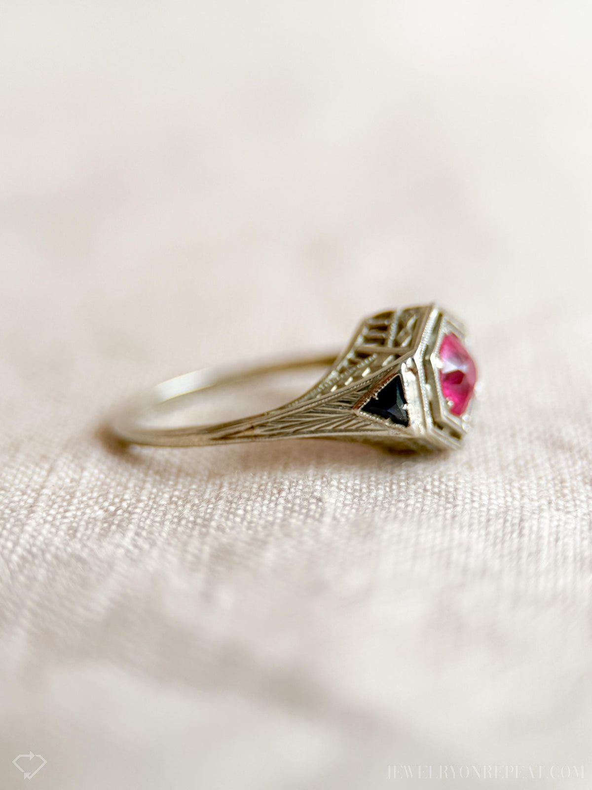 Vintage 1930s Art Deco Ruby Engagement Ring, 18k White Gold Filigree Design • One-of-a-kind Jewelry