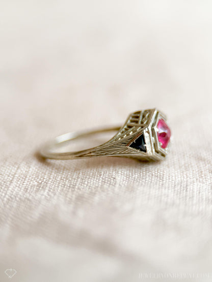 Vintage 1930s Art Deco Ruby Engagement Ring, 18k White Gold Filigree Design • One-of-a-kind Jewelry