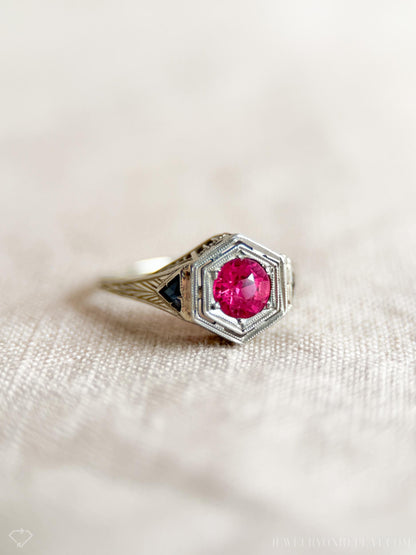 Vintage 1930s Art Deco Ruby Engagement Ring, 18k White Gold Filigree Design • One-of-a-kind Jewelry