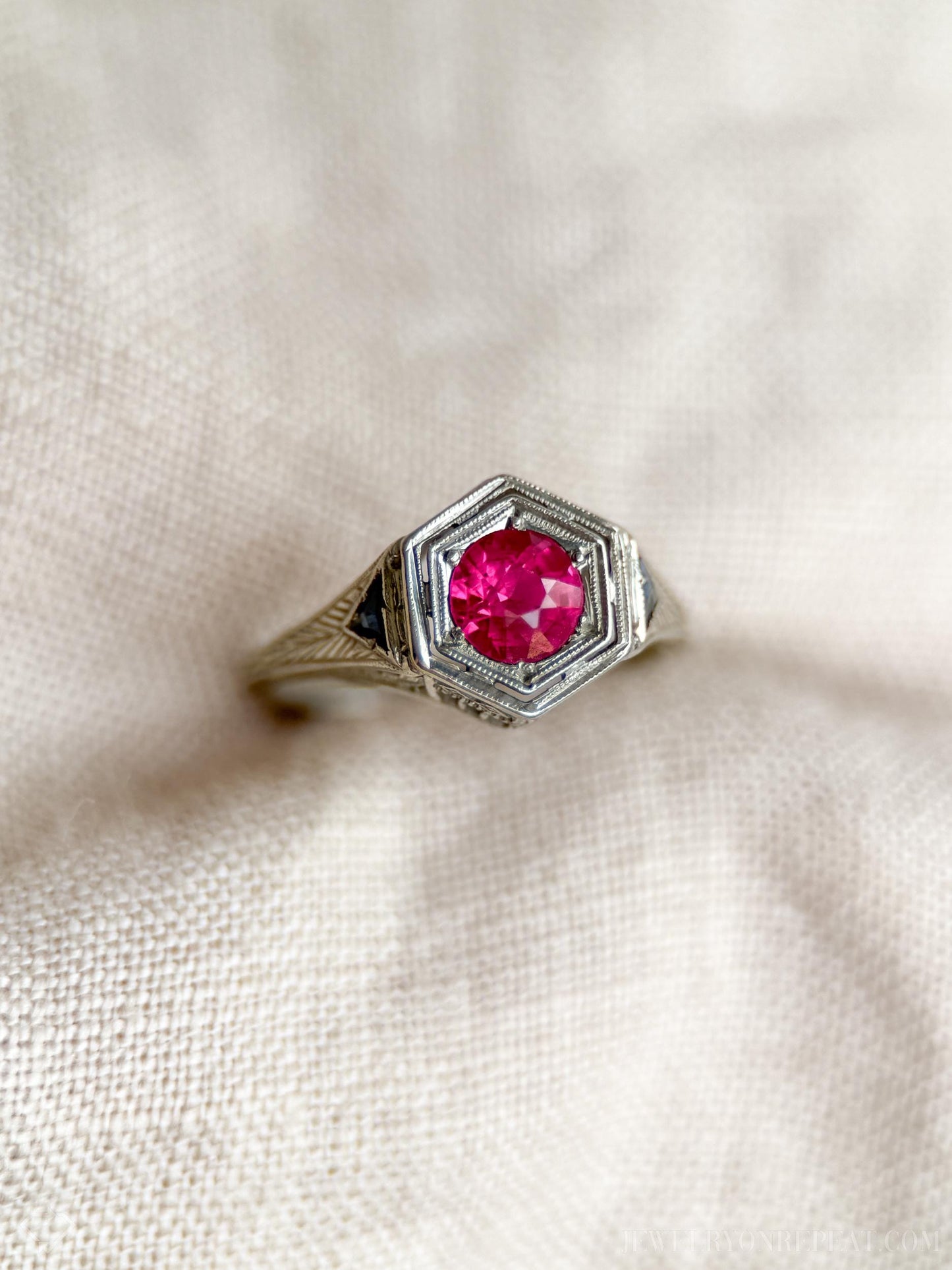 Vintage 1930s Art Deco Ruby Engagement Ring, 18k White Gold Filigree Design • One-of-a-kind Jewelry