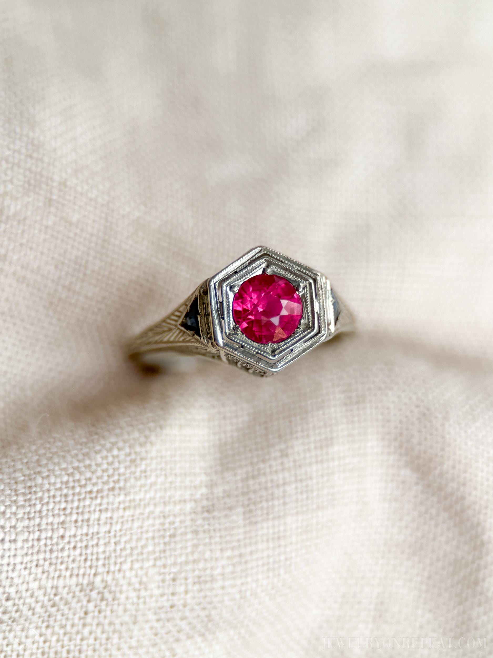 Vintage 1930s Art Deco Ruby Engagement Ring, 18k White Gold Filigree Design • One-of-a-kind Jewelry
