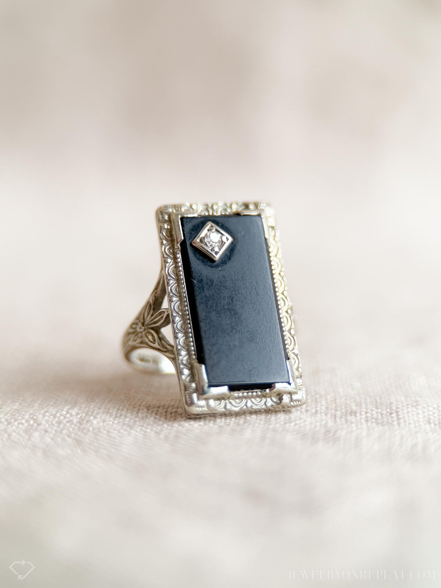 Vintage Onyx and Diamond Ring in 18k White Gold, Antique Jewelry from the 1940s - Timeless, Sustainable, @JewelryOnRepeat