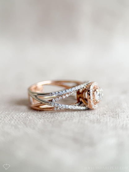 Vintage Diamond Engagement Ring, Cushion Cut, 14k White & Rose Gold, 2000s Criss-Cross Infinity Setting
