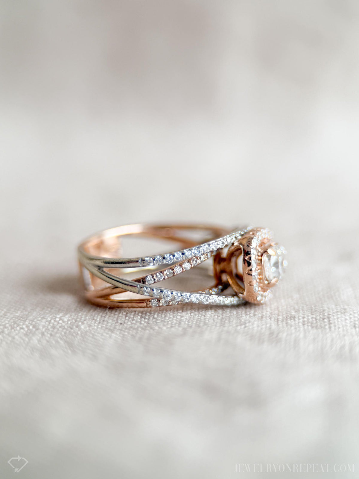 Vintage Diamond Engagement Ring, Cushion Cut, 14k White & Rose Gold, 2000s Criss-Cross Infinity Setting