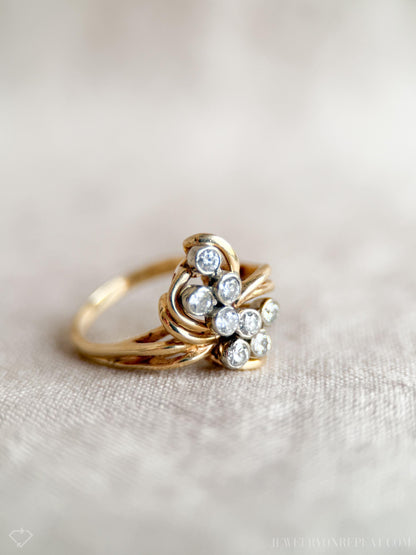 Vintage 1990s Diamond Engagement Ring, 14k Gold Cluster Style Ring, Unique Bridal Jewelry