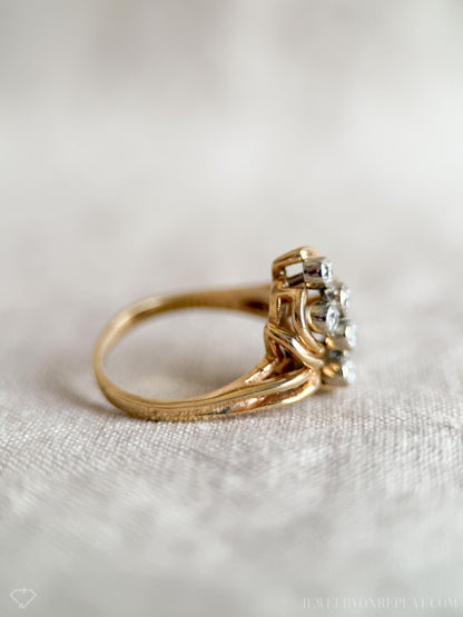 Vintage 1990s Diamond Engagement Ring, 14k Gold Cluster Style Ring, Unique Bridal Jewelry