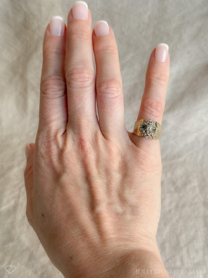 Vintage 1970s Diamond Engagement Ring, 14k Gold, Cluster Sunburst Halo Design • One-of-a-kind Vintage Jewelry