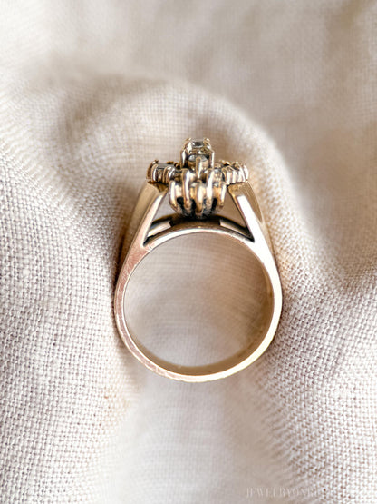 Vintage 1970s Diamond Engagement Ring, 14k Gold, Cluster Sunburst Halo Design • One-of-a-kind Vintage Jewelry