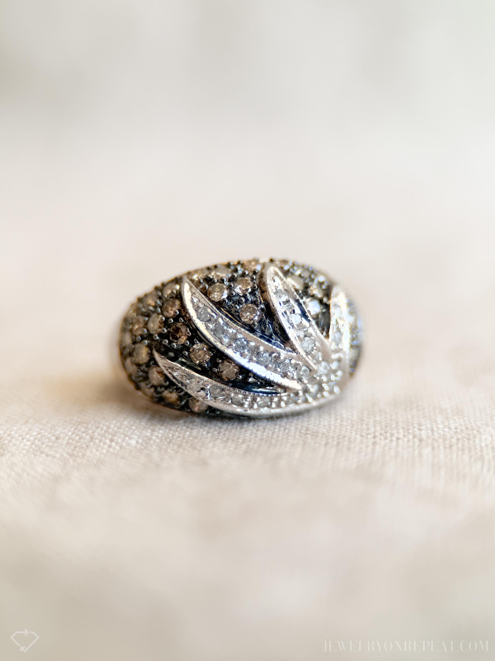 Vintage Pave Chocolate Diamond Floral Dome Ring in 10k White Gold, Antique Jewelry from the 1990s - Timeless, Sustainable, @JewelryOnRepeat