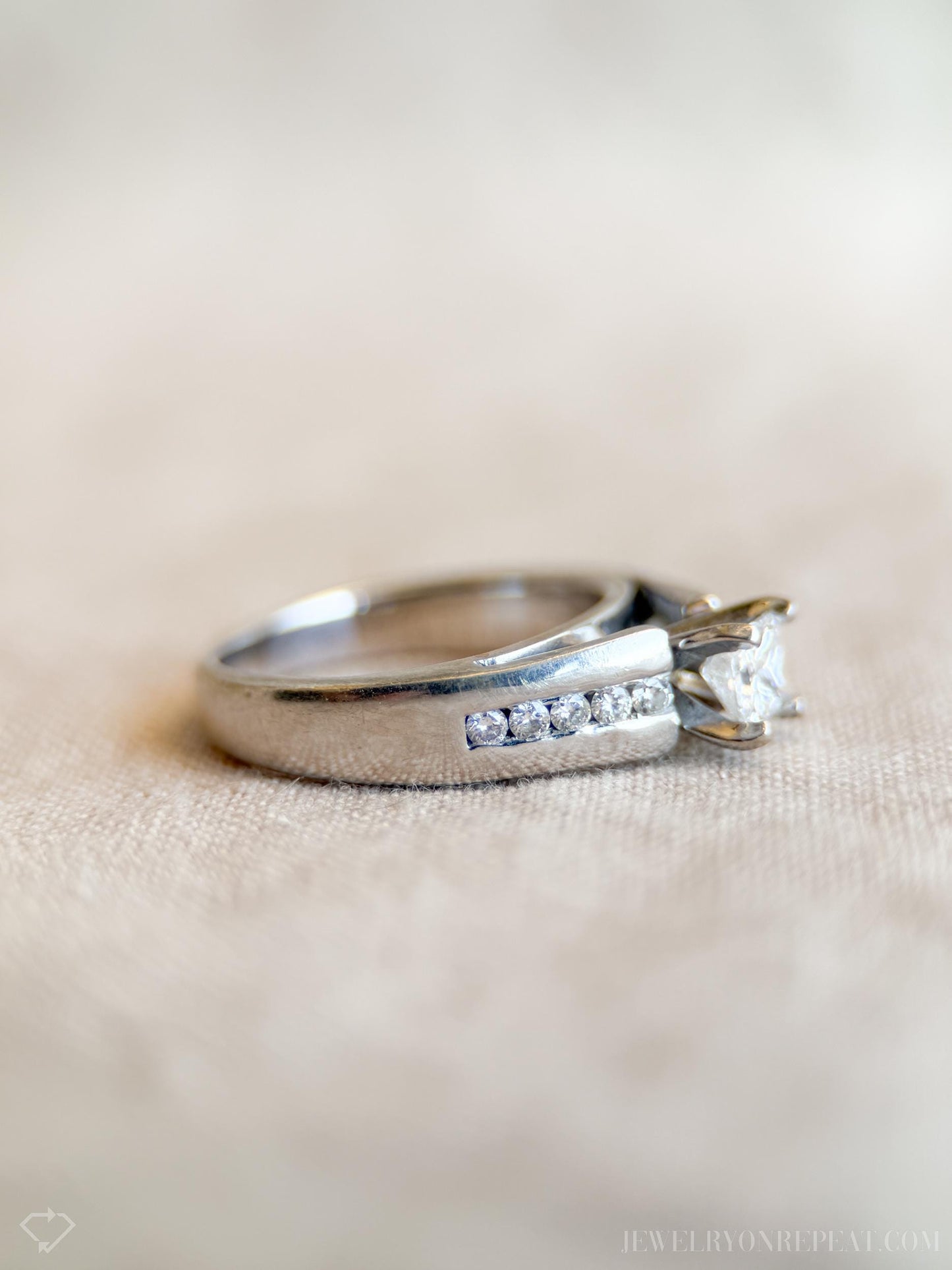 Vintage Diamond Princess Cut Channel Set Engagement Ring in 14k White Gold - Retro 1990s Jewelry - Timeless, Sustainable, @JewelryOnRepeat
