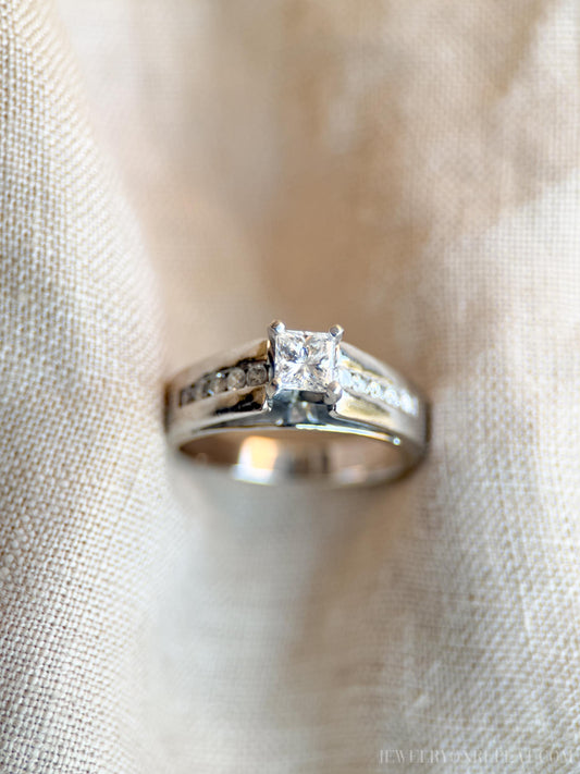 Vintage Diamond Princess Cut Channel Set Engagement Ring in 14k White Gold - Retro 1990s Jewelry - Timeless, Sustainable, @JewelryOnRepeat