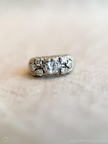 Vintage Diamond Engagement Ring, Round Cut, 14k White Gold, 1950s Mid-Century Bridal Ring