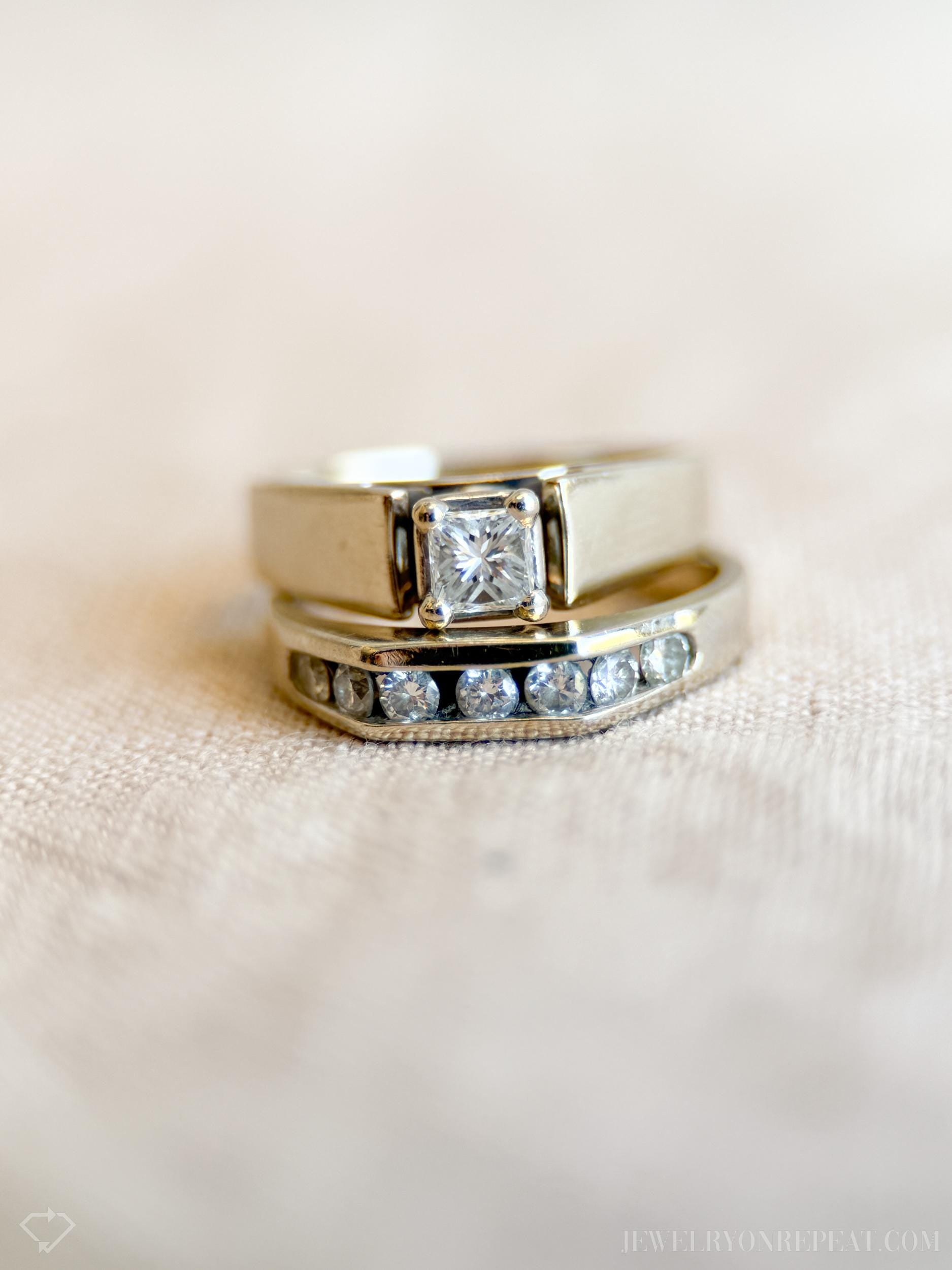 Vintage Princess Cut Diamond Bridal Set with Channel Set Wedding Band in 14k White Gold - Timeless, Sustainable, @JewelryOnRepeat