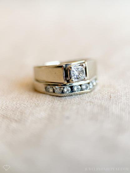Vintage Diamond Engagement & Wedding Rings, Princess Cut, 14k White Gold, Channel Band, Bridal Set