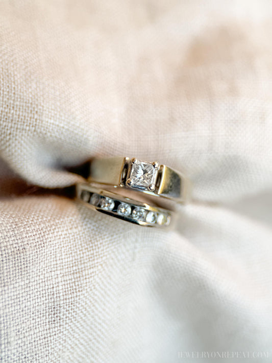 Vintage Princess Cut Diamond Bridal Set with Channel Set Wedding Band in 14k White Gold - Timeless, Sustainable, @JewelryOnRepeat