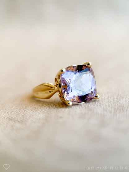 Vintage Cushion Cut Amethyst Ring 14k Gold, Purple Pink Solitaire Engagement Ring