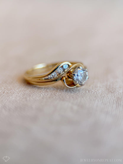Vintage Diamond Engagement Ring, Round Cut, 14k Gold, Interlocking Swirl Channel Bridal Set