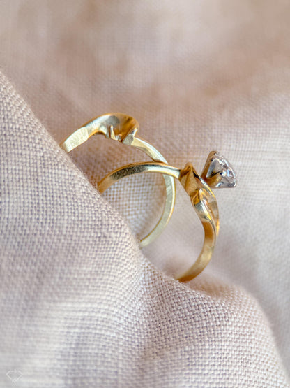 Vintage Diamond Engagement Ring, Round Cut, 14k Gold, Interlocking Swirl Channel Bridal Set