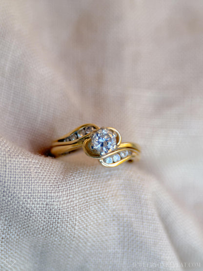 Vintage Diamond Engagement Ring, Round Cut, 14k Gold, Interlocking Swirl Channel Bridal Set