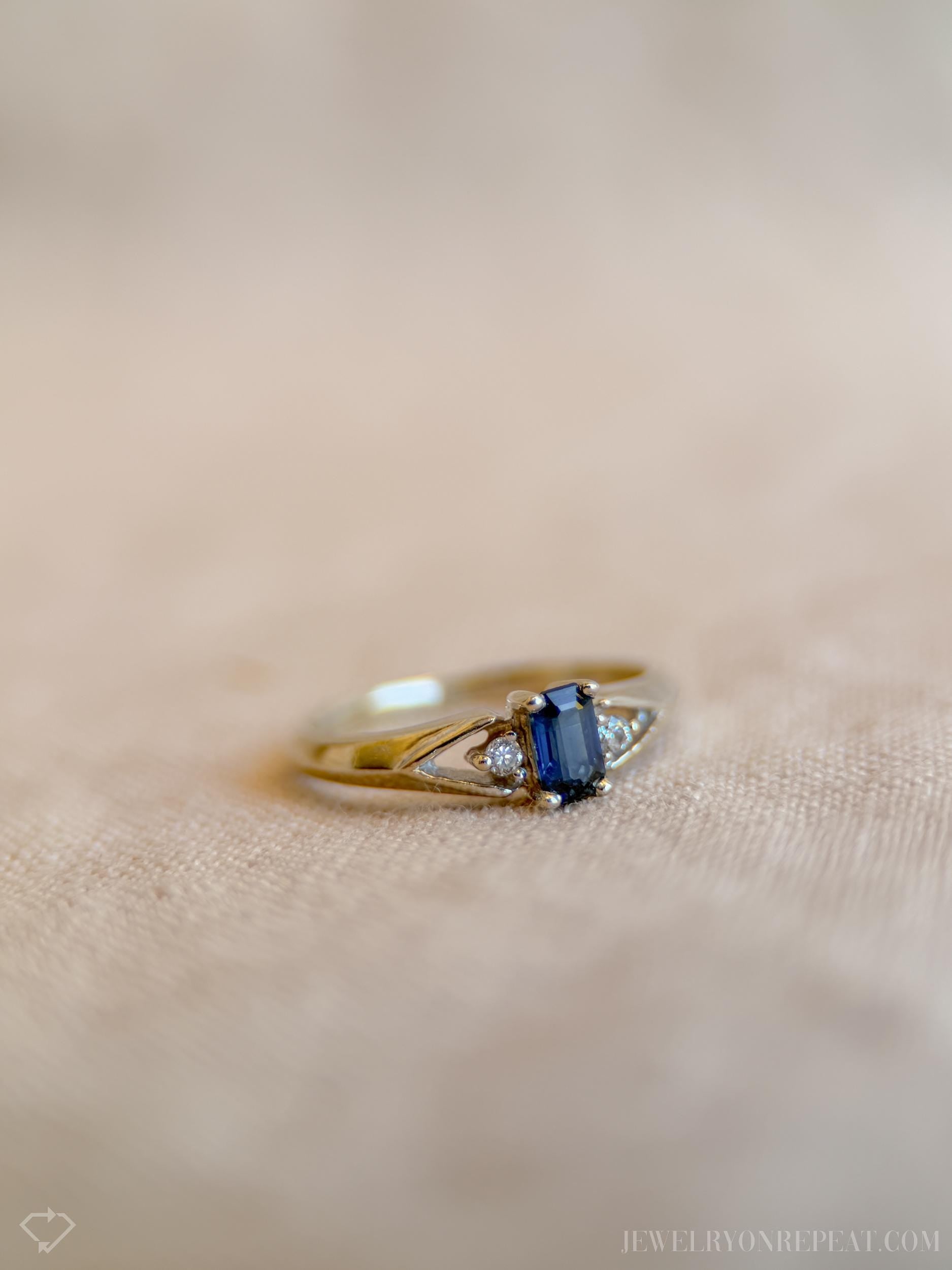 Vintage Emerald Cut Blue Sapphire Ring in 14k White Gold, Retro Jewelry from the 1990s - Timeless, Sustainable, @JewelryOnRepeat