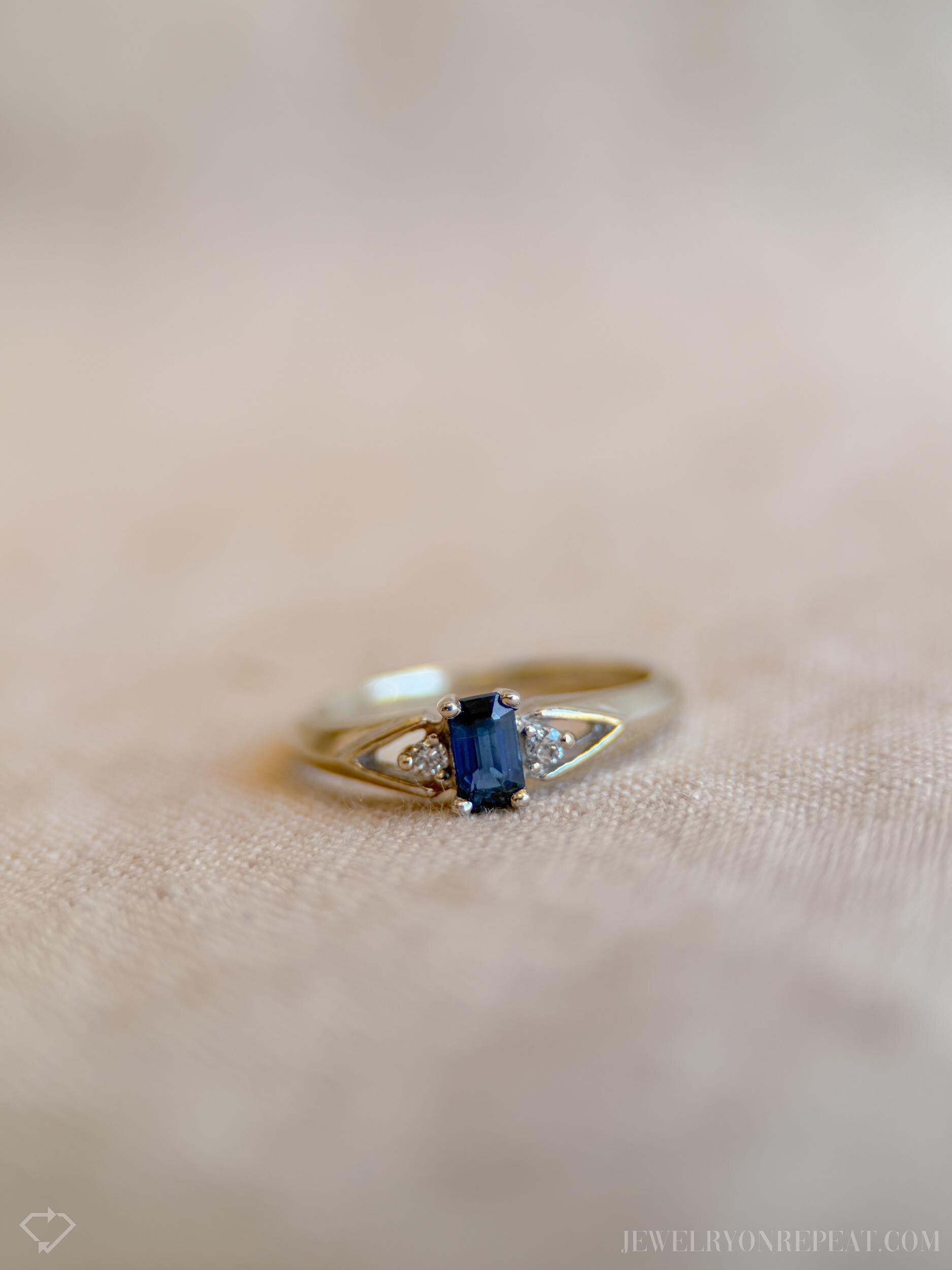 Vintage Emerald Cut Blue Sapphire Ring in 14k White Gold, Retro Jewelry from the 1990s - Timeless, Sustainable, @JewelryOnRepeat