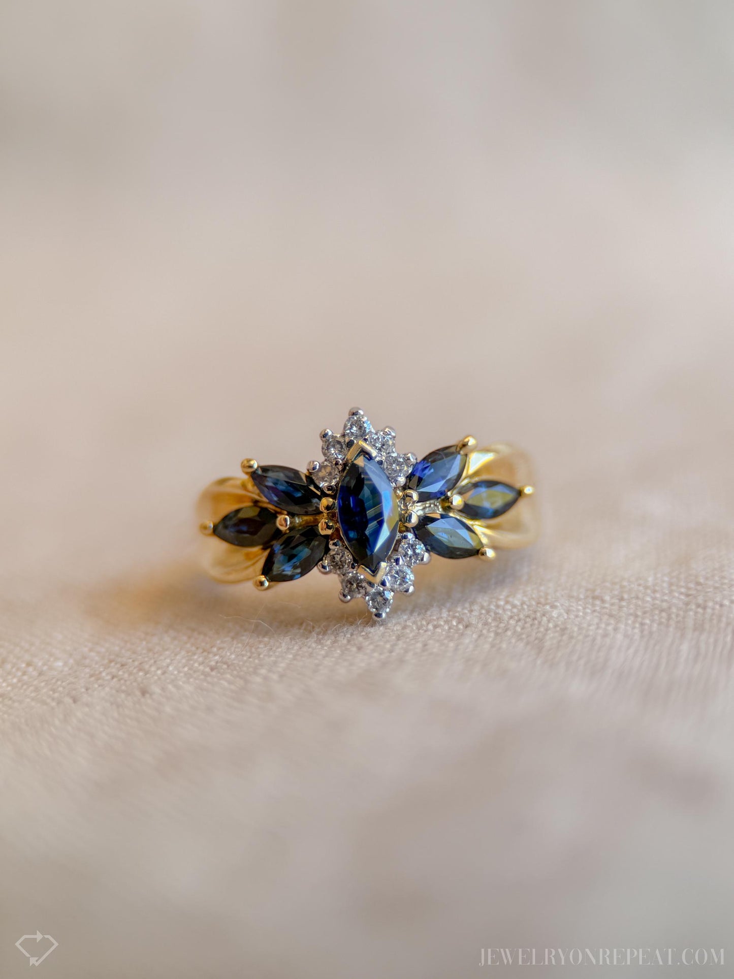 Vintage Blue Sapphire Gemstone Ring with Sunburst Diamond in 14k Gold, Retro 1990s Jewelry - Timeless, Sustainable, @JewelryOnRepeat