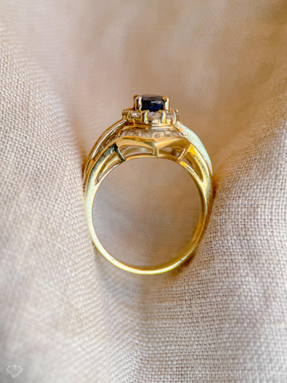 Vintage Oval Sapphire and Diamond Halo Engagement Ring, 18k Gold, Baguette Channel Bridal Ring