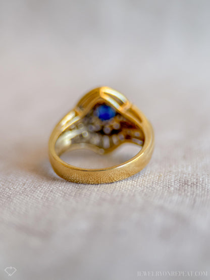 Vintage Oval Sapphire and Diamond Halo Engagement Ring, 18k Gold, Baguette Channel Bridal Ring