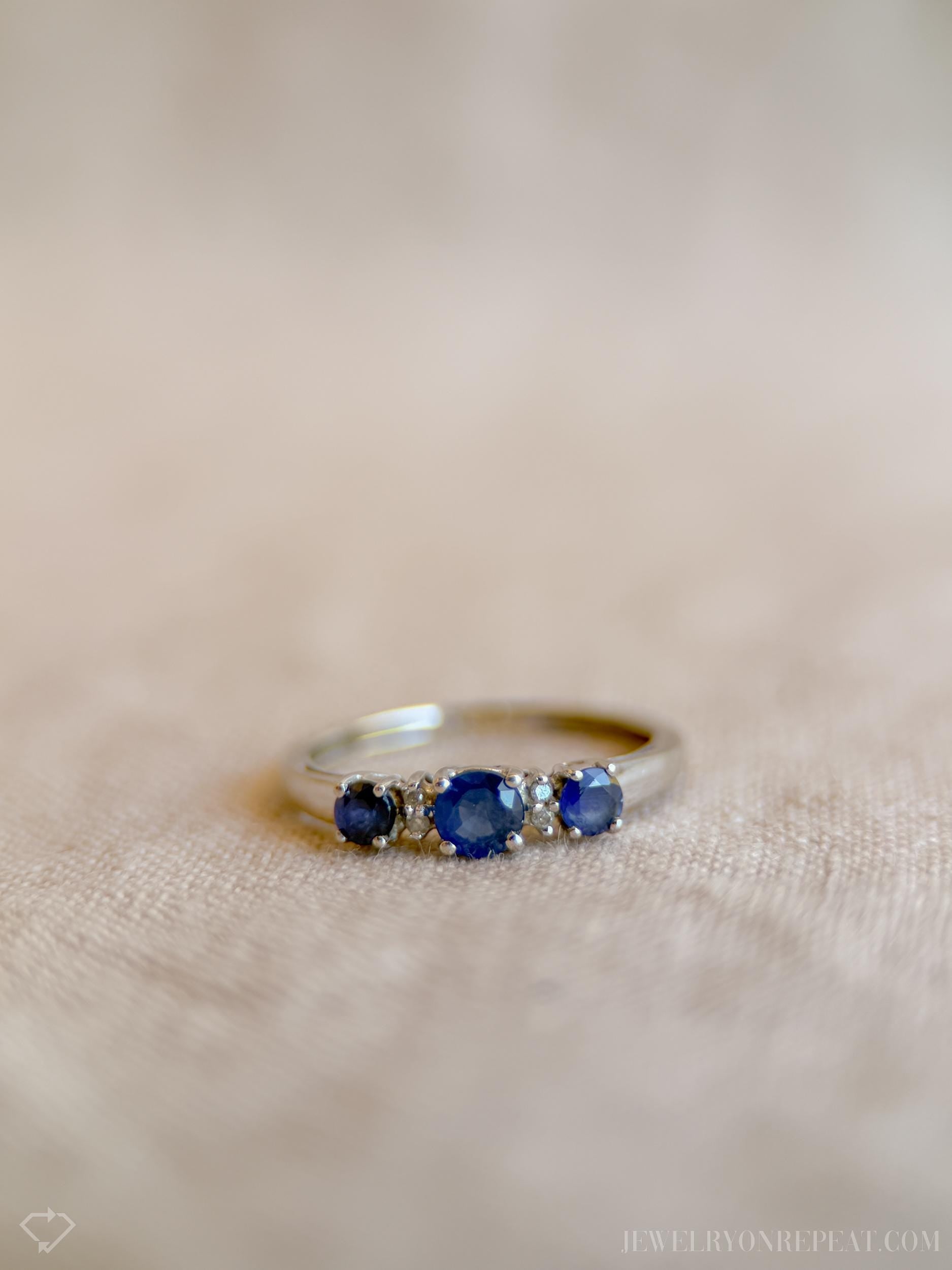 Vintage Three Stone Blue Sapphire Ring in 14k White Gold, Retro Jewelry from the 1990s - Timeless, Sustainable, @JewelryOnRepeat