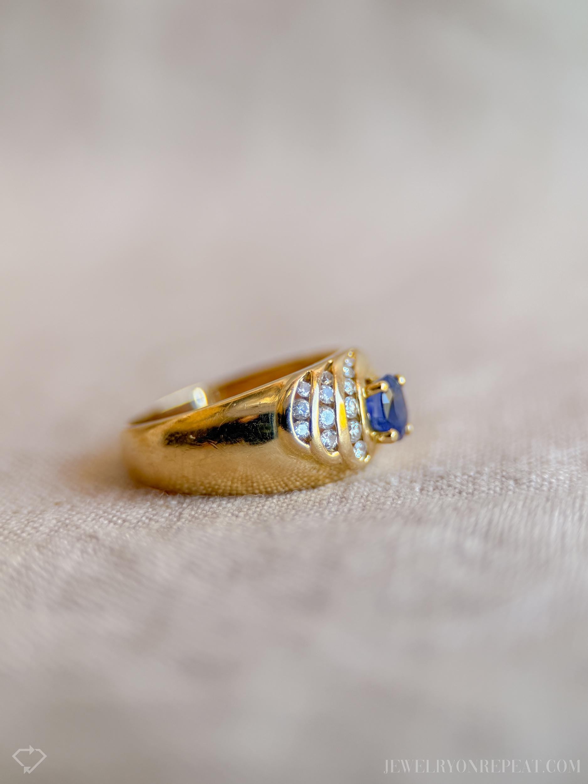 Vintage Sapphire and Diamond Ring, 18k Gold, Oval Sapphire Statement Band, Asymmetrical Wave