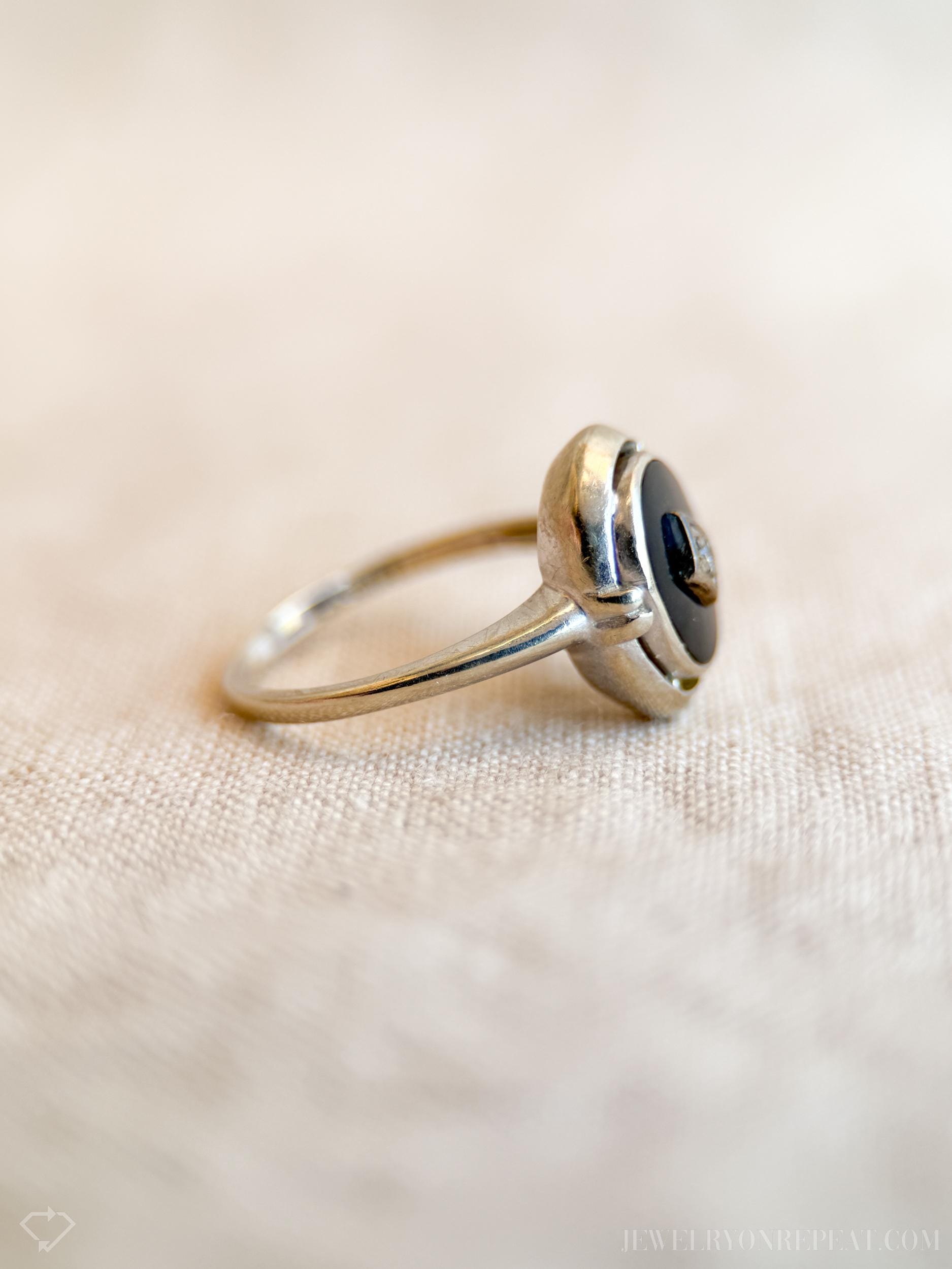 Vintage Onyx and Diamond Ring in 14k White Gold, Antique Jewelry from the 1940s - Timeless, Sustainable, @JewelryOnRepeat