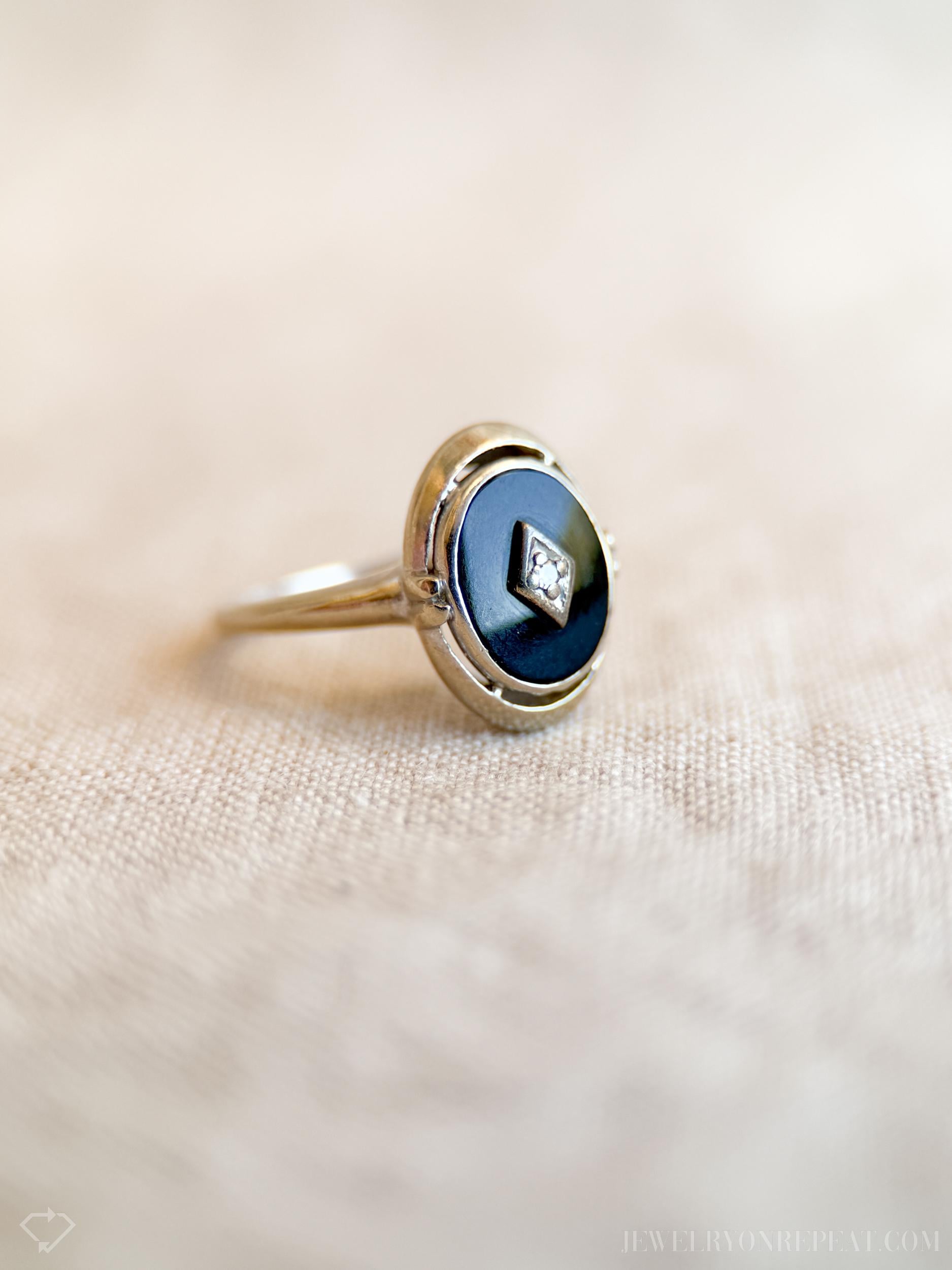 Vintage Onyx and Diamond Ring in 14k White Gold, Antique Jewelry from the 1940s - Timeless, Sustainable, @JewelryOnRepeat