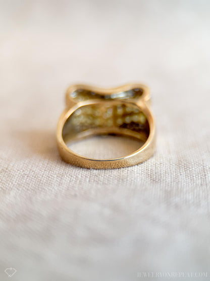 Vintage Yellow Diamond Statement Band, 14k Gold, Pave Ribbon Wave Ring