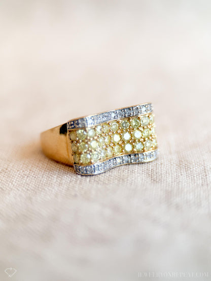 Vintage Yellow Diamond Statement Band, 14k Gold, Pave Ribbon Wave Ring