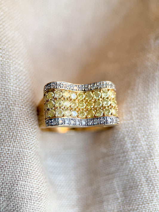 Vintage Yellow Diamond Statement Band, 14k Gold, Pave Ribbon Wave Ring