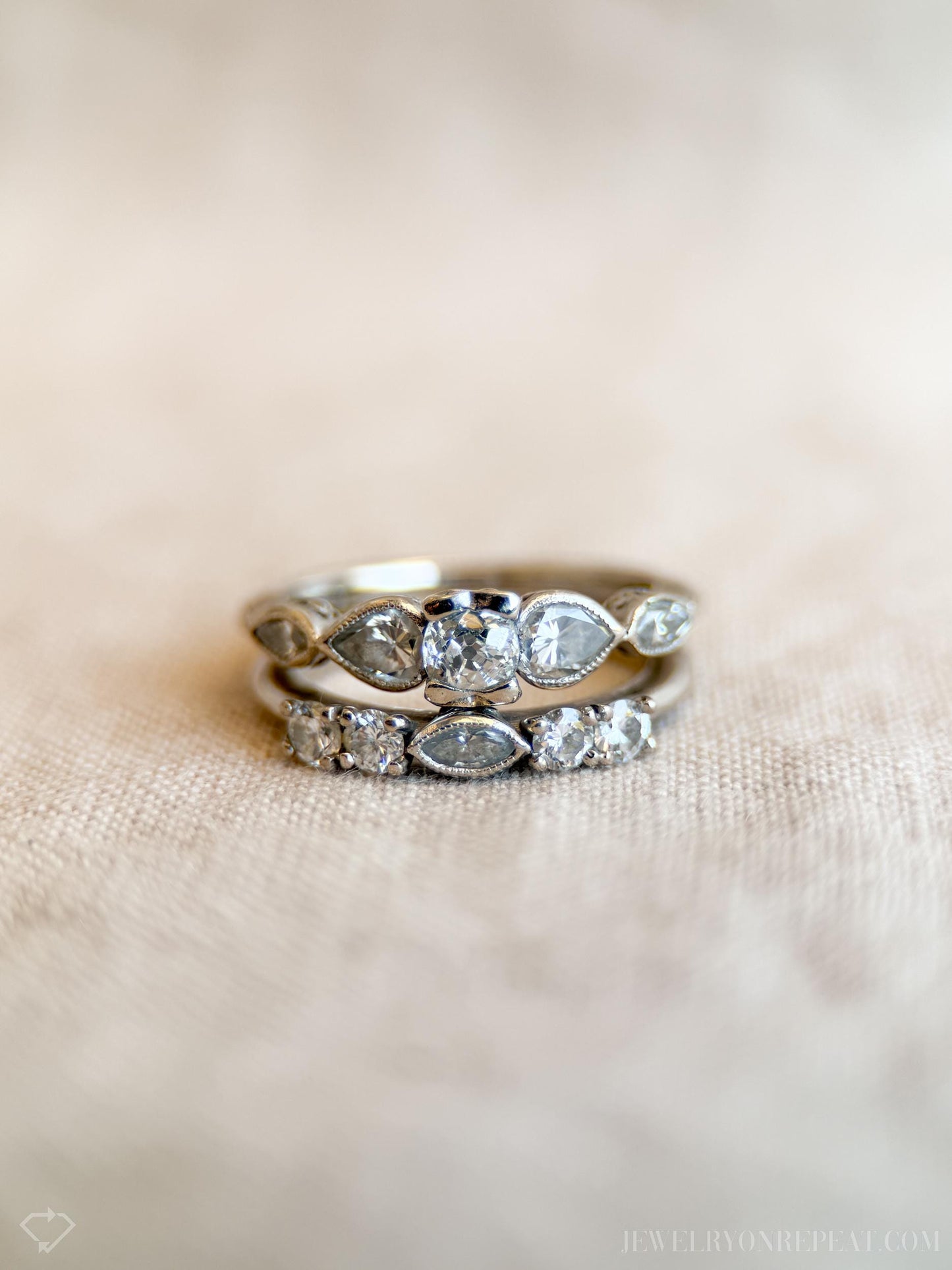 Vintage Diamond Filigree Bridal Set, Engagement Ring and Wedding Band in 14k White Gold - Timeless, Sustainable @JewelryOnRepeat