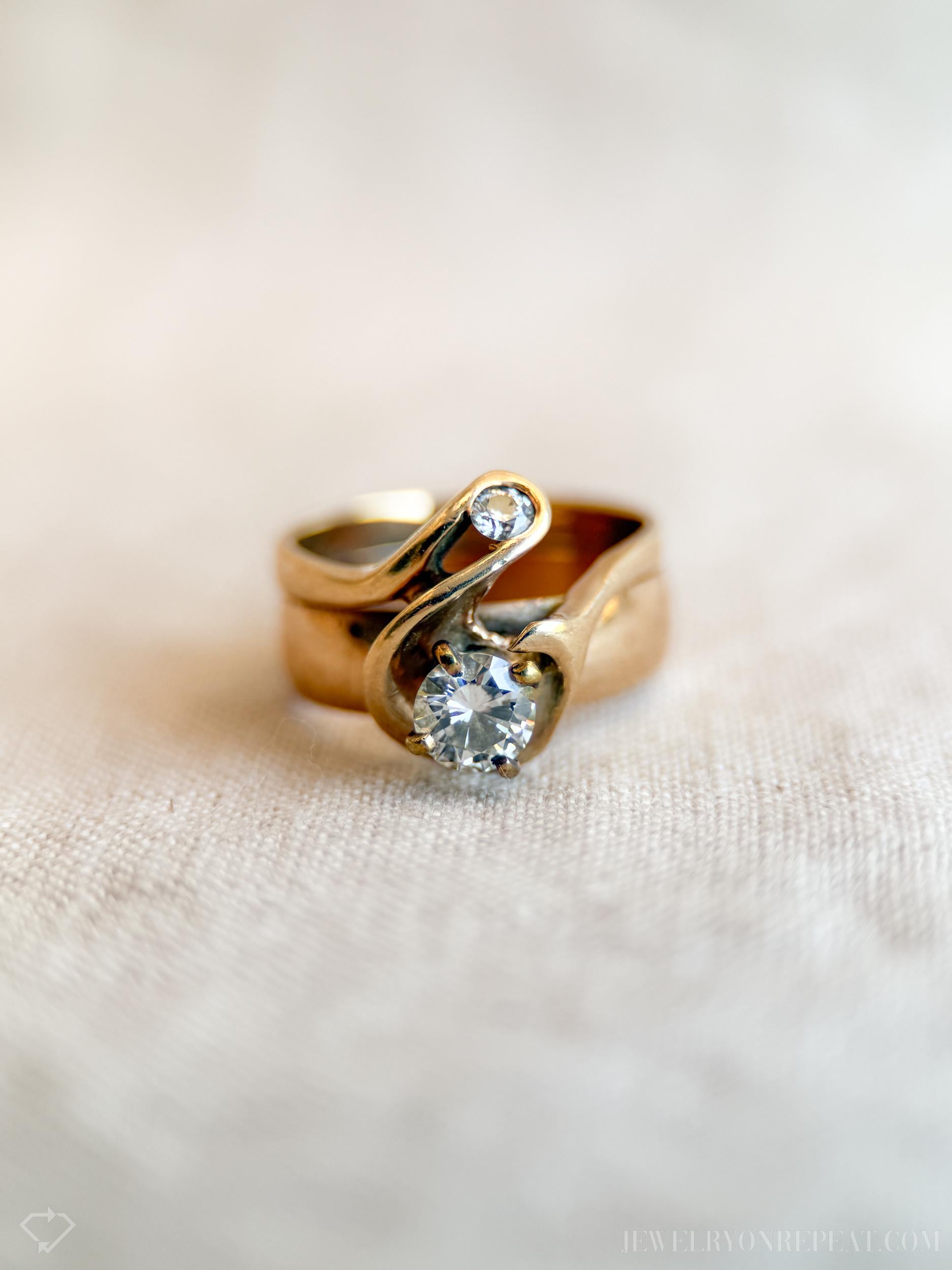 Vintage Diamond Bridal Set Freeform Engagement Ring and Wedding Band in 14k Gold, Antique 1930s Jewelry - Timeless, @JewelryOnRepeat