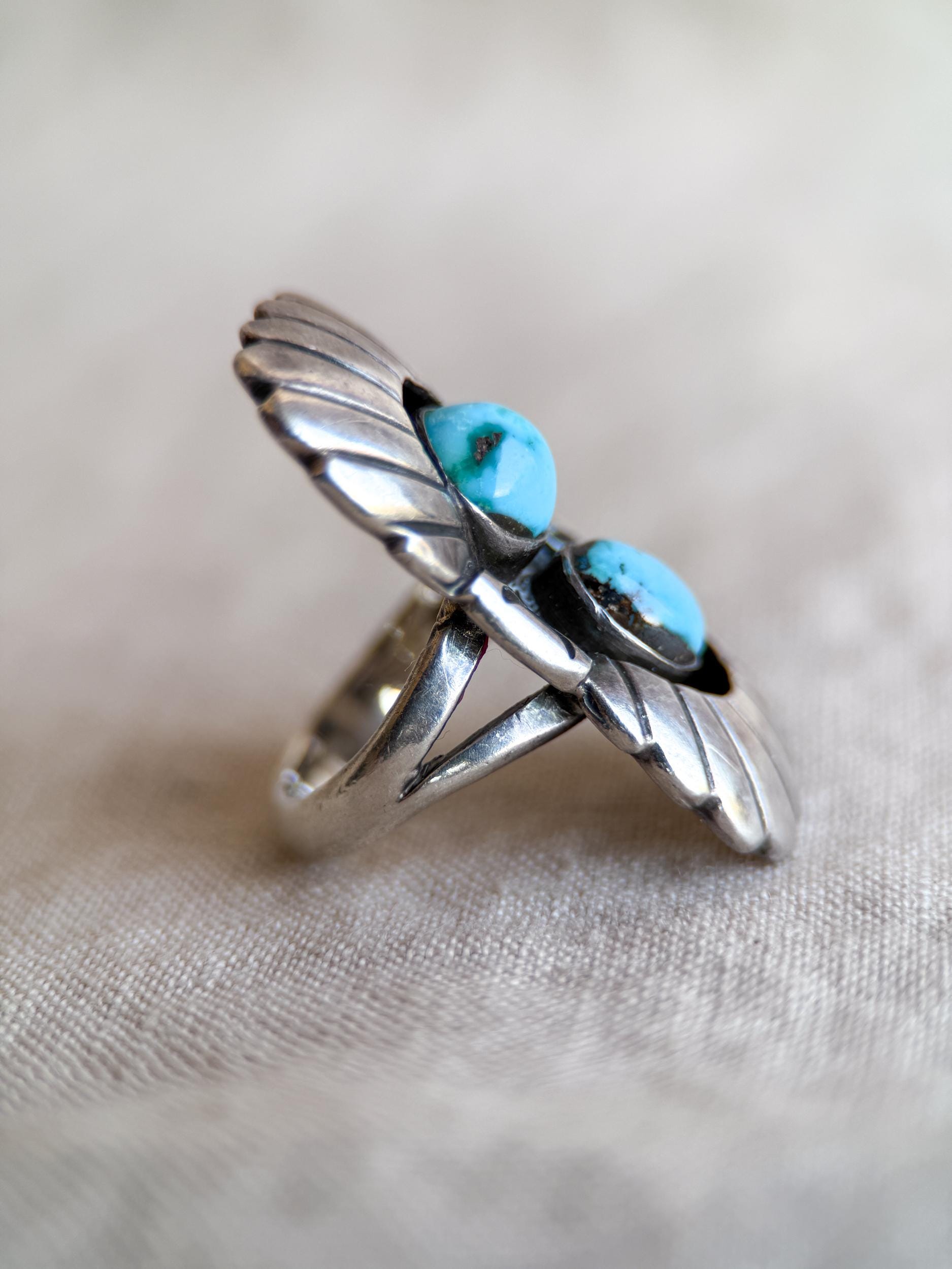 Vintage Sterling Silver Turquoise Double Feather Statement Ring, Boho Artisan Jewelry