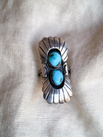 Vintage Sterling Silver Turquoise Double Feather Statement Ring, Boho Artisan Jewelry