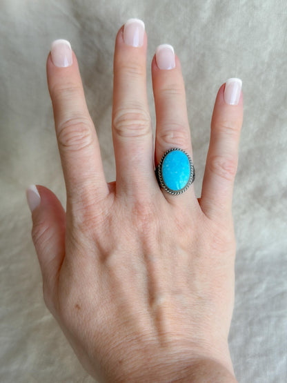 Vintage Turquoise Sterling Silver Oval Statement Ring, Boho Artisan Jewelry