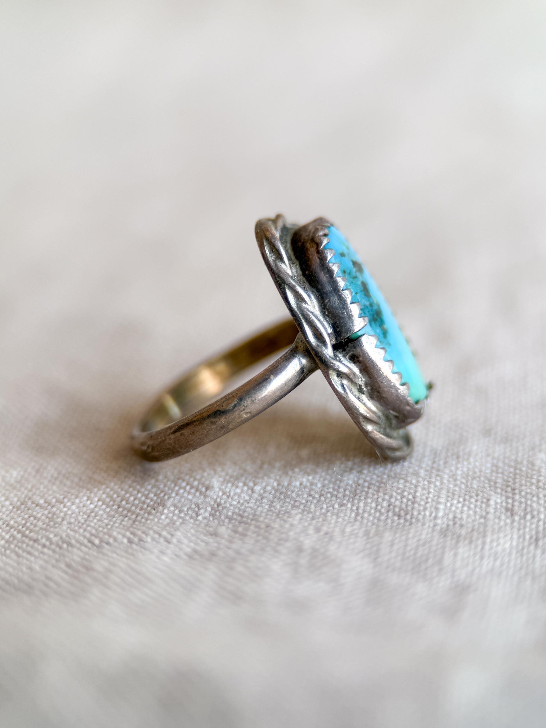Vintage Turquoise Sterling Silver Oval Statement Ring, Boho Artisan Jewelry