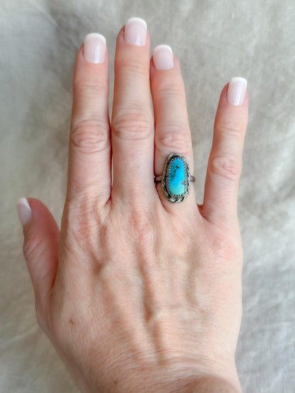 Vintage Turquoise Sterling Silver Oval Statement Ring, Boho Artisan Jewelry
