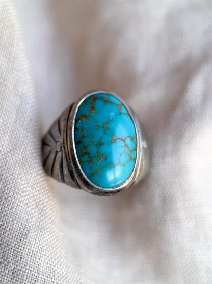 Vintage Sterling Silver Turquoise Statement Ring, Oval Matrix Boho Jewelry