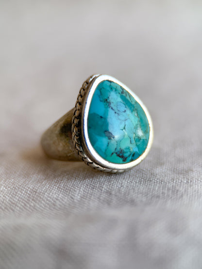 Vintage Turquoise Pear Statement Ring, Sterling Silver Boho Artisan Jewelry