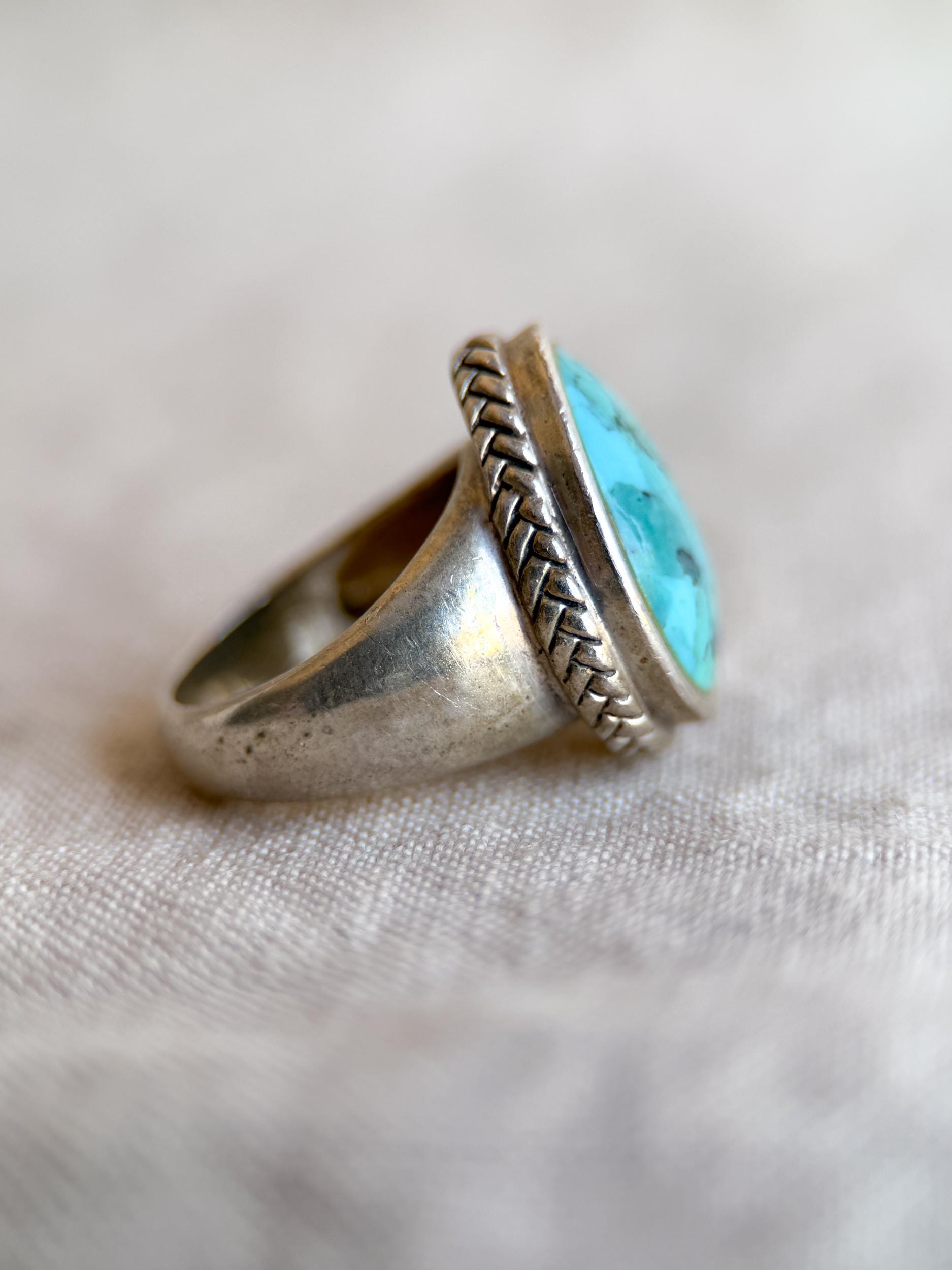 Vintage Turquoise Pear Statement Ring, Sterling Silver Boho Artisan Jewelry