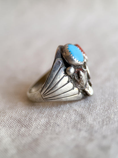 Vintage Sterling Silver Turquoise Coral Wolf Ring, Boho Statement Jewelry