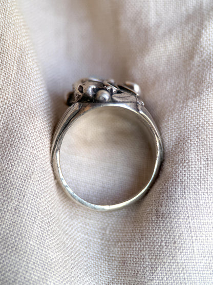 Vintage Sterling Silver Turquoise Coral Wolf Ring, Boho Statement Jewelry