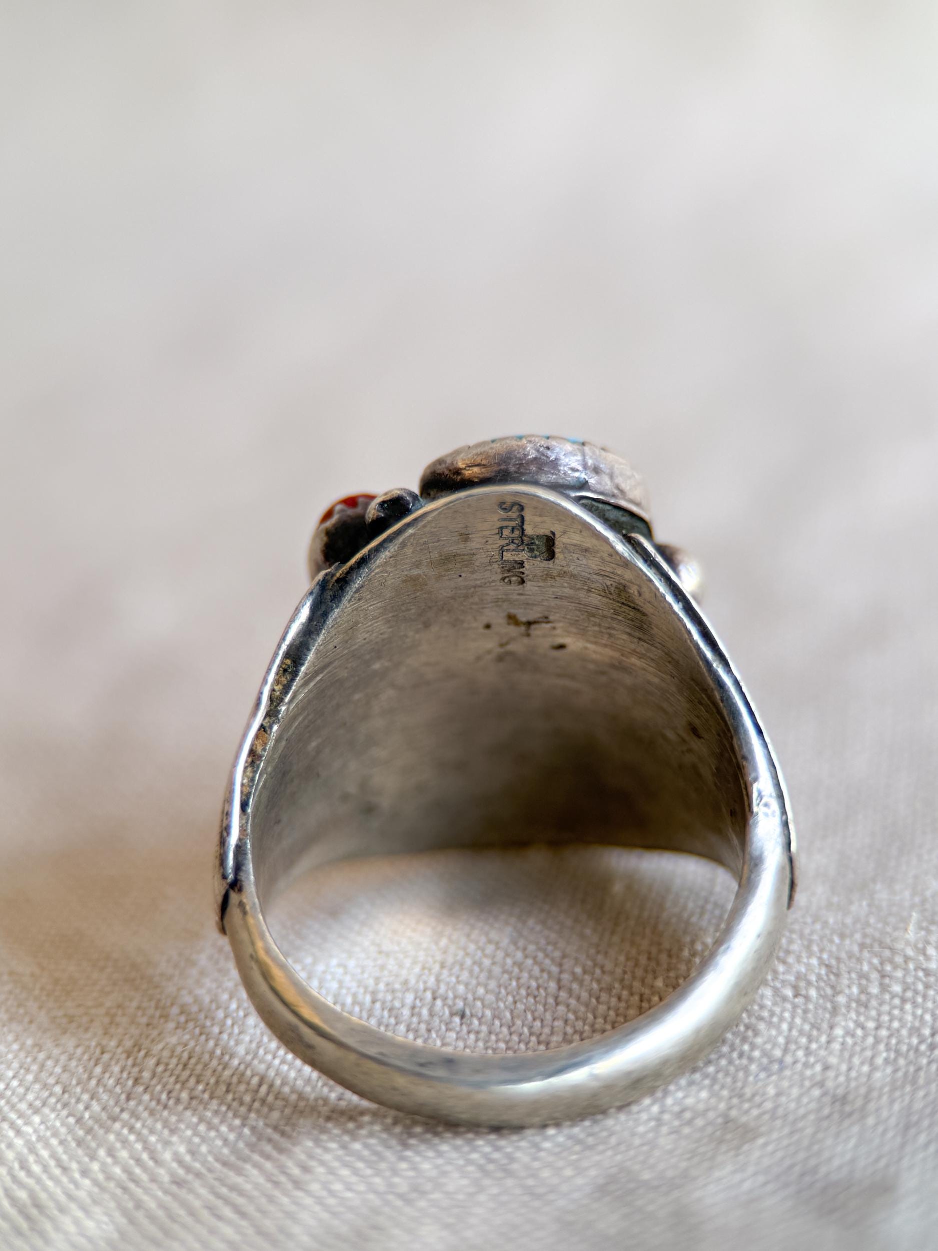 Vintage Sterling Silver Turquoise Coral Wolf Ring, Boho Statement Jewelry