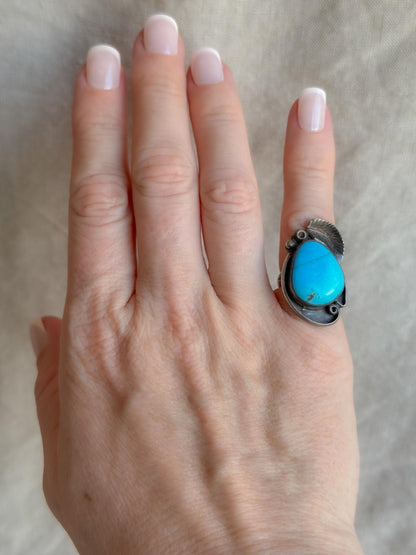 Vintage Sterling Silver Teardrop Turquoise Ring, Boho Scroll Statement Jewelry